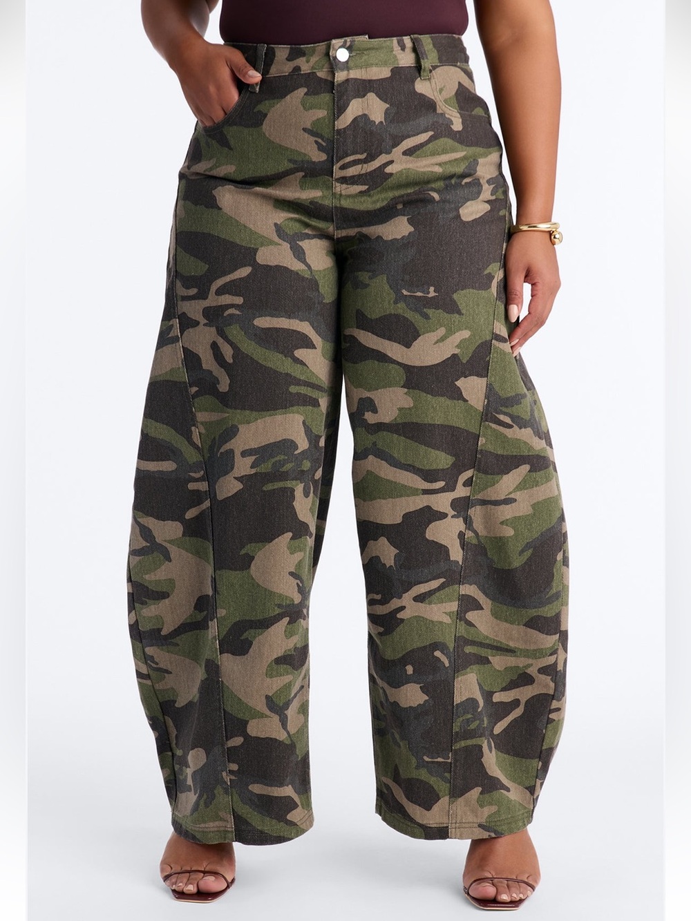 PLUS SIZE High-Rise Wide Leg Barrel Leg Camo Pants - Olive Green